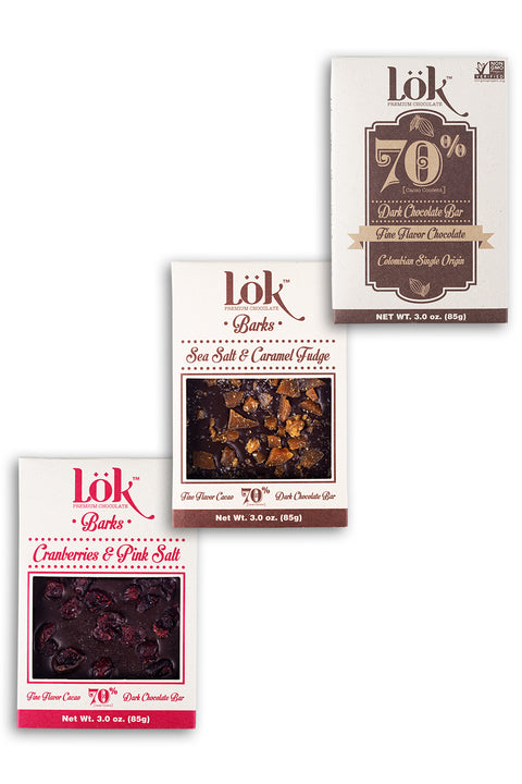 Assorted pack of LöK Chocolate Bars | 70% cocoa, blueberries and pink salt, sea salt and caramel fudge